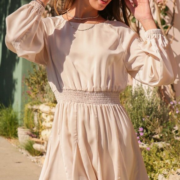 LUMIERE Cream Satin Long Sleeve Smocked Waist Mini Dress Flowy Chic - Picture 2 of 7